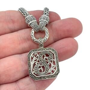 Estate Sterling Silver 925 Marcasite Initial S Pendant Necklace 18"